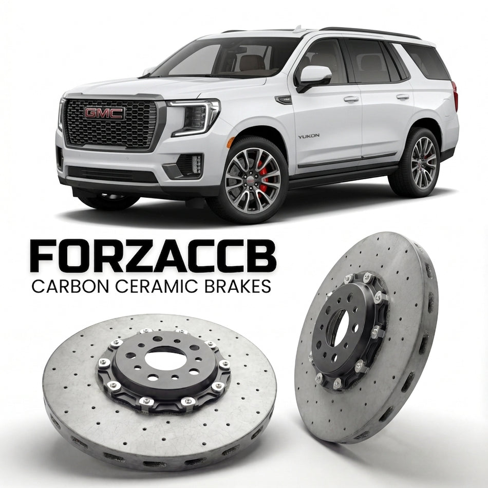 ForzaCCB direct OEM replacement carbon ceramic brake rotors for 2024+) GMC Yukon V (facelift 2024 models, shown with a white GMC Yukon car.