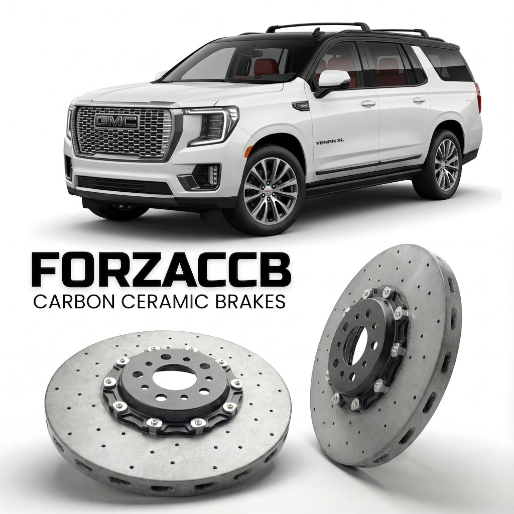 ForzaCCB direct OEM replacement carbon ceramic brake rotors for 2024+) GMC Yukon XL V (facelift 2024 models, shown with a white GMC Yukon car.
