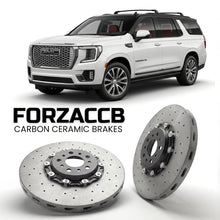 ForzaCCB direct OEM replacement carbon ceramic brake rotors for 2024+) GMC Yukon XL V (facelift 2024 models, shown with a white GMC Yukon car.