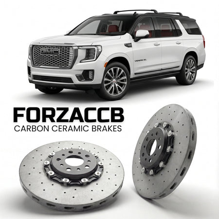 ForzaCCB direct OEM replacement carbon ceramic brake rotors for 2024+) GMC Yukon XL V (facelift 2024 models, shown with a white GMC Yukon car.