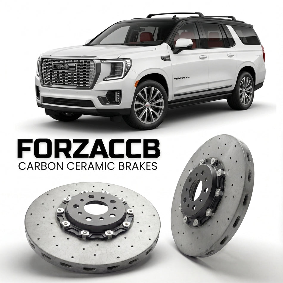 ForzaCCB direct OEM replacement carbon ceramic brake rotors for 2024+) GMC Yukon XL V (facelift 2024 models, shown with a white GMC Yukon car.