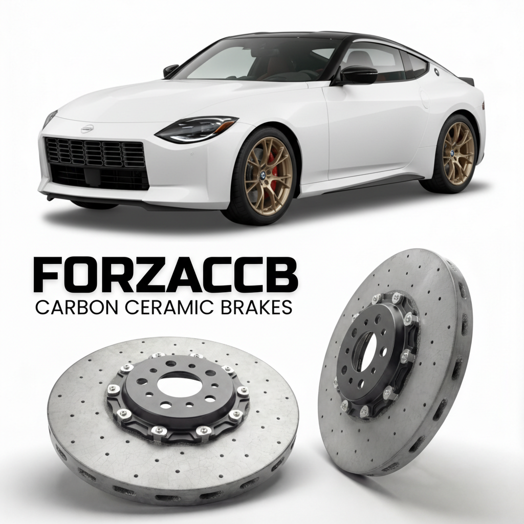 ForzaCCB direct OEM replacement carbon ceramic brake rotors for 2022 and newer Nissan Z RZ34 models, shown with a white Nissan Z car.