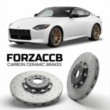 ForzaCCB direct OEM replacement carbon ceramic brake rotors for 2022 and newer Nissan Z RZ34 models, shown with a white Nissan Z car.