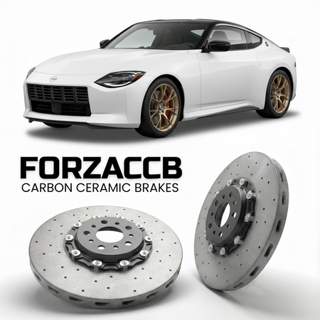 ForzaCCB direct OEM replacement carbon ceramic brake rotors for 2022 and newer Nissan Z RZ34 models, shown with a white Nissan Z car.