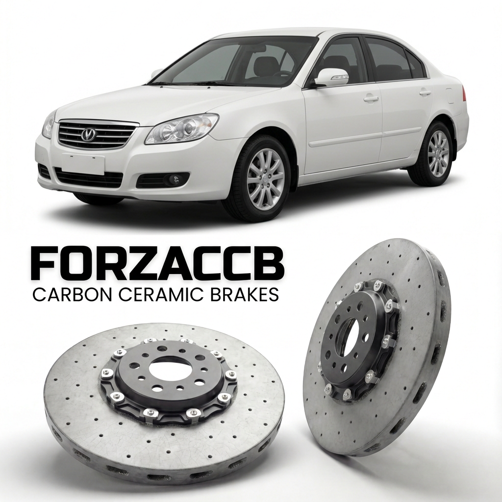 ForzaCCB direct OEM replacement carbon ceramic brake rotors for 2008 to 2010 ChangAn Z-Chine models, shown with a white ChangAn Z-Chine car.