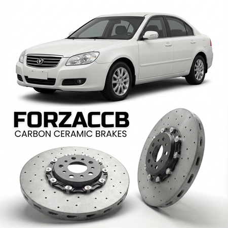 ForzaCCB direct OEM replacement carbon ceramic brake rotors for 2008 to 2010 ChangAn Z-Chine models, shown with a white ChangAn Z-Chine car.