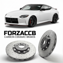 ForzaCCB direct OEM replacement carbon ceramic brake rotors for 2023 and newer Nissan Z NISMO RZ34 models, shown with a white Nissan Z NISMO car.