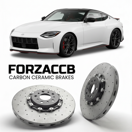 ForzaCCB direct OEM replacement carbon ceramic brake rotors for 2023 and newer Nissan Z NISMO RZ34 models, shown with a white Nissan Z NISMO car.