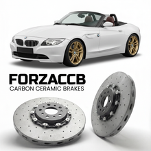 ForzaCCB direct OEM replacement carbon ceramic brake rotors for 2002 to 2008 BMW Z4 E85/E86 models, shown with a white BMW Z4 car.