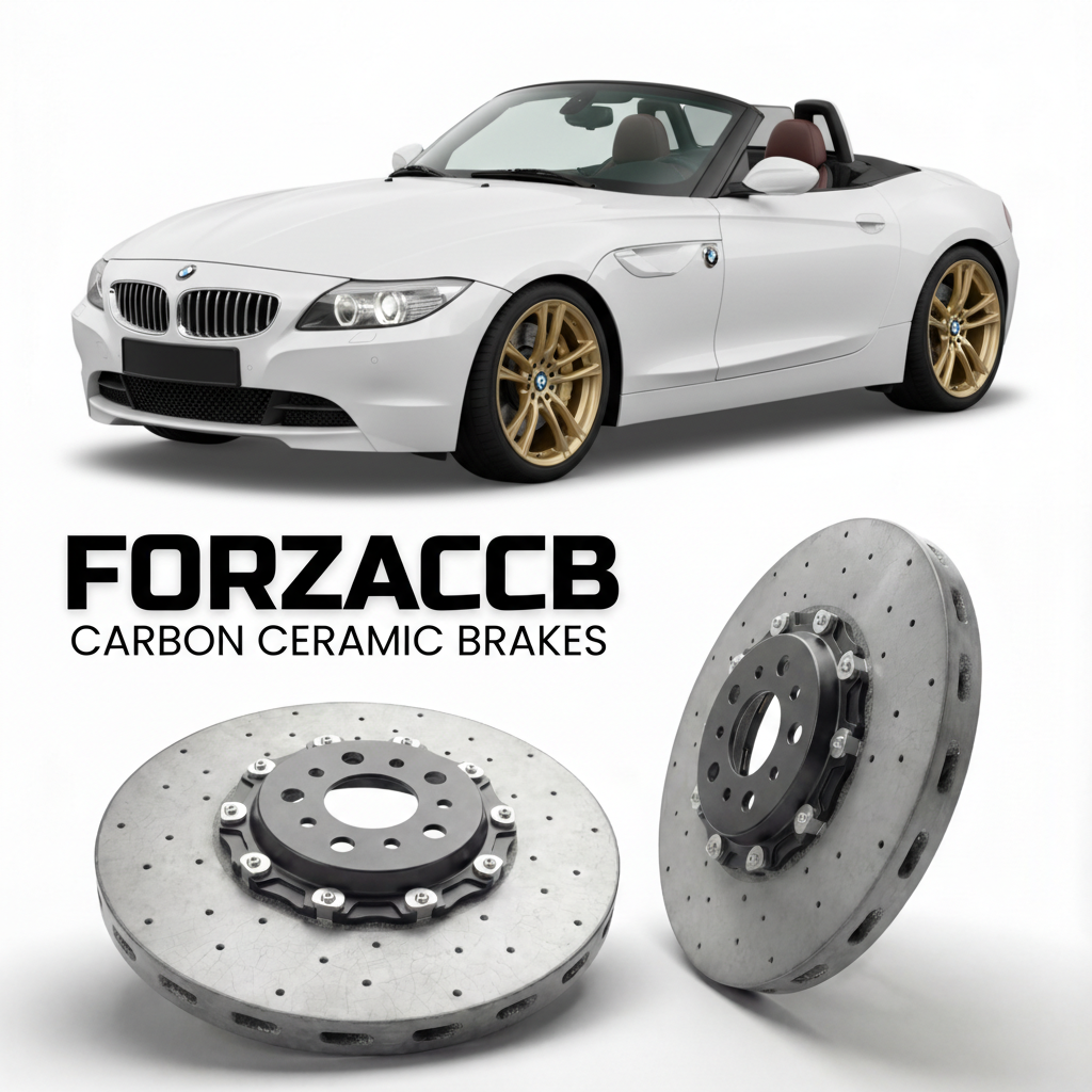 ForzaCCB direct OEM replacement carbon ceramic brake rotors for 2002 to 2008 BMW Z4 E85/E86 models, shown with a white BMW Z4 car.