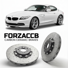 ForzaCCB direct OEM replacement carbon ceramic brake rotors for 2009 to 2016 BMW Z4 E89 models, shown with a white BMW Z4 car.
