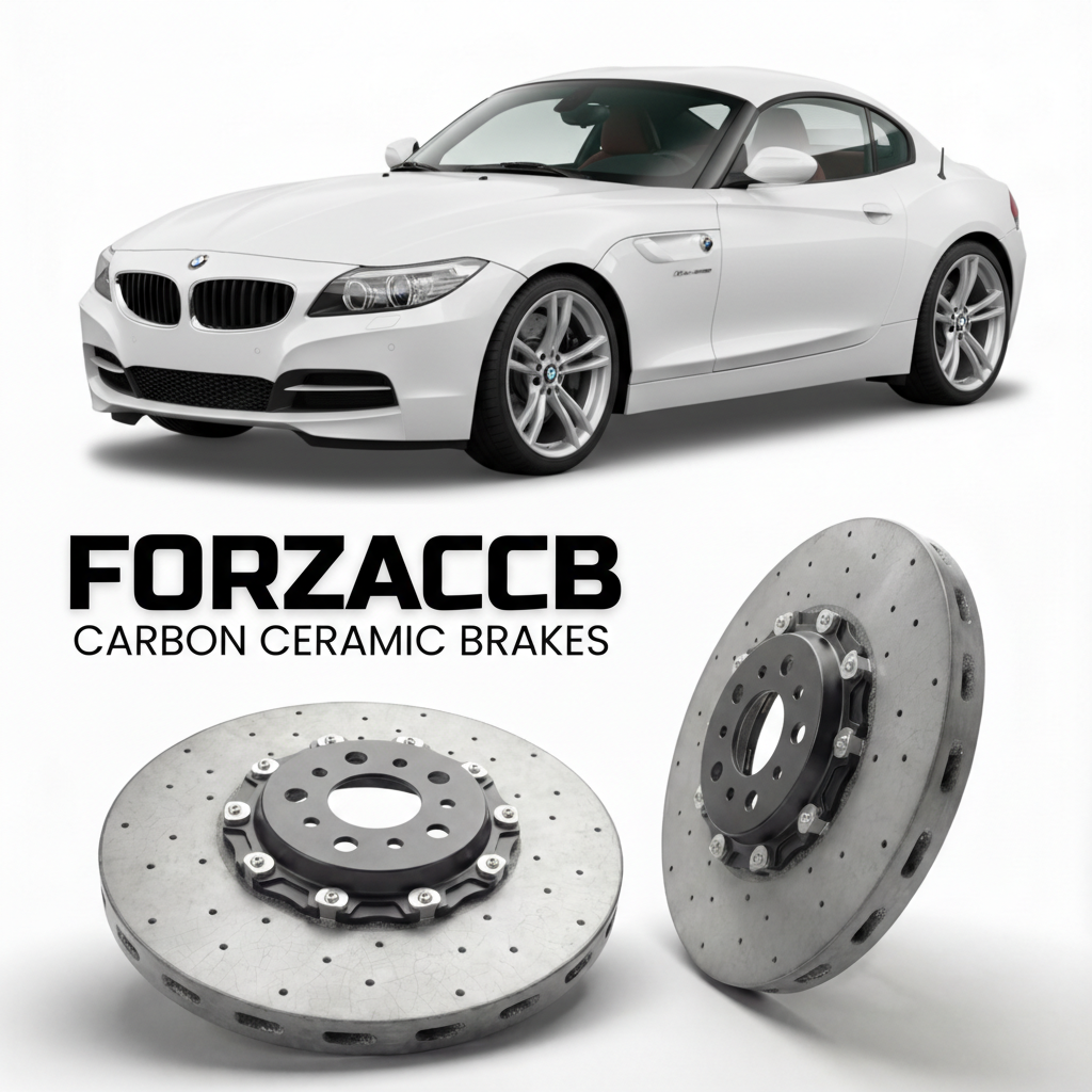 ForzaCCB direct OEM replacement carbon ceramic brake rotors for 2009 to 2016 BMW Z4 E89 models, shown with a white BMW Z4 car.