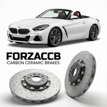 ForzaCCB direct OEM replacement carbon ceramic brake rotors for 2019 and newer BMW Z4 G29 models, shown with a white BMW Z4 car.