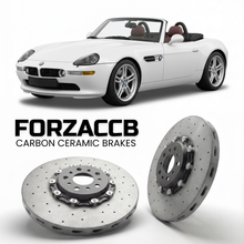ForzaCCB direct OEM replacement carbon ceramic brake rotors for 2000 to 2003 BMW Z8 Roadster E52 models, shown with a white BMW Z8 Roadster car.