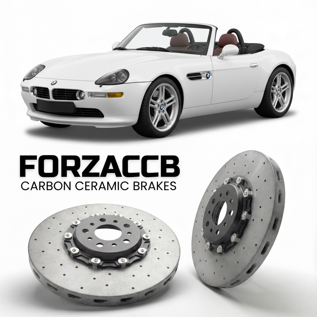ForzaCCB direct OEM replacement carbon ceramic brake rotors for 2000 to 2003 BMW Z8 Roadster E52 models, shown with a white BMW Z8 Roadster car.