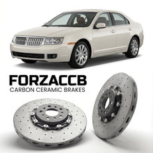 ForzaCCB direct OEM replacement carbon ceramic brake rotors for 2006 to 2012 Lincoln Zephyr models, shown with a white Lincoln Zephyr car.