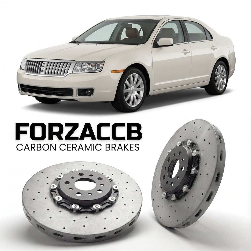 ForzaCCB direct OEM replacement carbon ceramic brake rotors for 2006 to 2012 Lincoln Zephyr models, shown with a white Lincoln Zephyr car.