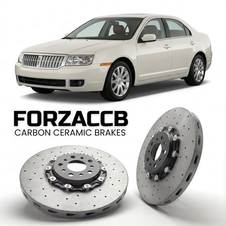 ForzaCCB direct OEM replacement carbon ceramic brake rotors for 2006 to 2012 Lincoln Zephyr models, shown with a white Lincoln Zephyr car.