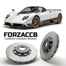 ForzaCCB direct OEM replacement carbon ceramic brake rotors for 2005 to 2005 Pagani Zonda C12 models, shown with a white Pagani Zonda car.