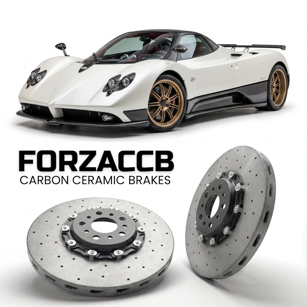 ForzaCCB direct OEM replacement carbon ceramic brake rotors for 2005 to 2005 Pagani Zonda C12 models, shown with a white Pagani Zonda car.