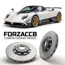 ForzaCCB direct OEM replacement carbon ceramic brake rotors for 2005 to 2007 Pagani Zonda F models, shown with a white Pagani Zonda car.