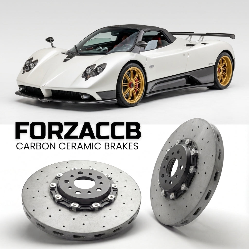 ForzaCCB direct OEM replacement carbon ceramic brake rotors for 2006 to 2007 Pagani Zonda Roadster F models, shown with a white Pagani Zonda car.