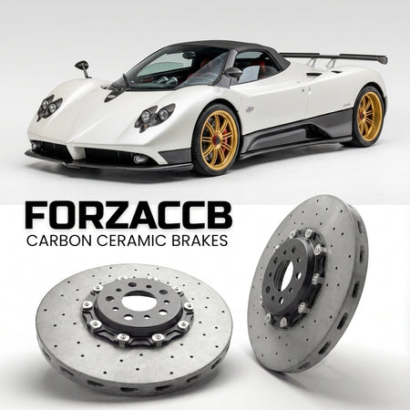 ForzaCCB direct OEM replacement carbon ceramic brake rotors for 2006 to 2007 Pagani Zonda Roadster F models, shown with a white Pagani Zonda car.