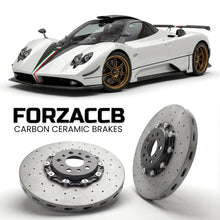 ForzaCCB direct OEM replacement carbon ceramic brake rotors for 2008 to 2009 Pagani Zonda Cinque Roadster models, shown with a white Pagani Zonda car.