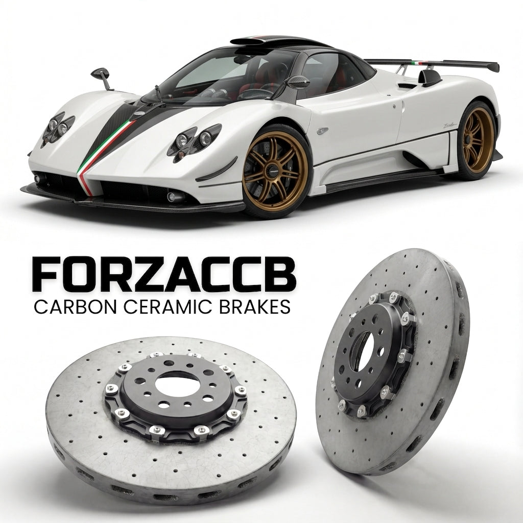 ForzaCCB direct OEM replacement carbon ceramic brake rotors for 2008 to 2009 Pagani Zonda Cinque Roadster models, shown with a white Pagani Zonda car.