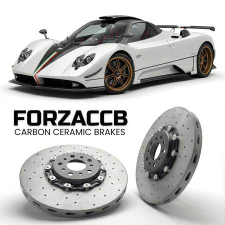 ForzaCCB direct OEM replacement carbon ceramic brake rotors for 2008 to 2009 Pagani Zonda Cinque Roadster models, shown with a white Pagani Zonda car.