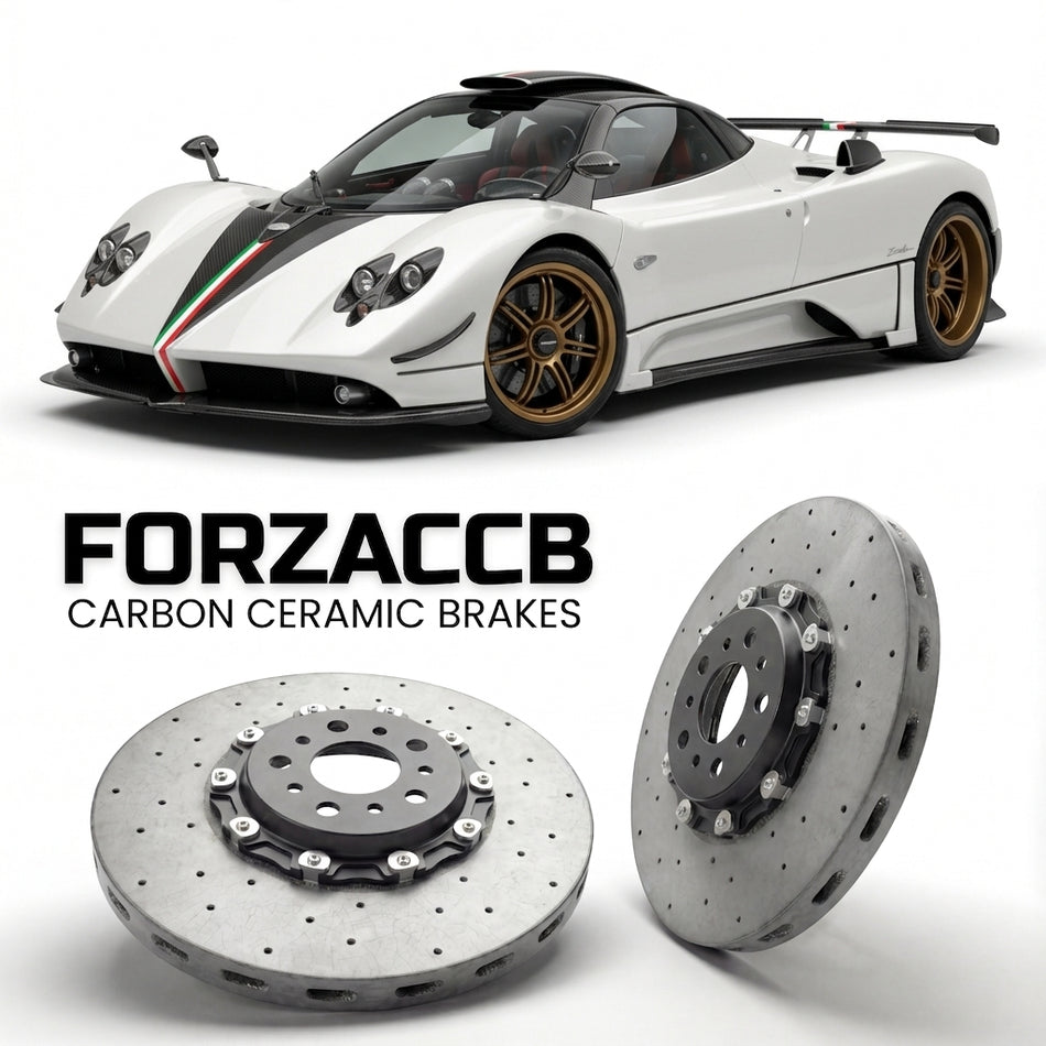 ForzaCCB direct OEM replacement carbon ceramic brake rotors for 2008 to 2009 Pagani Zonda Cinque Roadster models, shown with a white Pagani Zonda car.