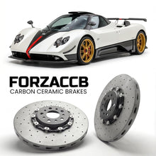 ForzaCCB direct OEM replacement carbon ceramic brake rotors for 2008 to 2010 Pagani Zonda Cinque models, shown with a white Pagani Zonda car.