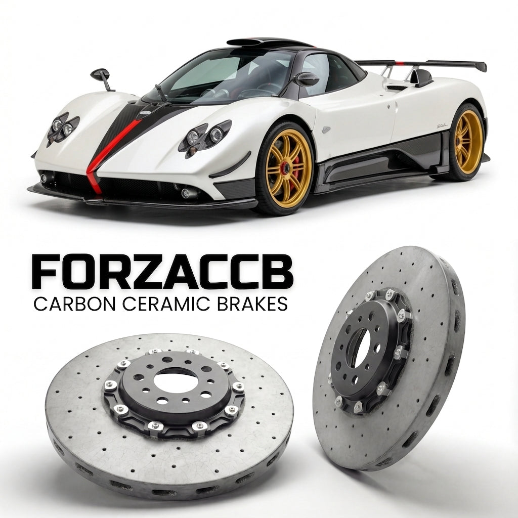 ForzaCCB direct OEM replacement carbon ceramic brake rotors for 2008 to 2010 Pagani Zonda Cinque models, shown with a white Pagani Zonda car.