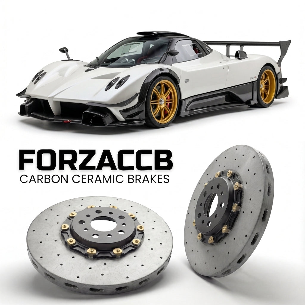 ForzaCCB direct OEM replacement carbon ceramic brake rotors for 2009 to 2013 Pagani Zonda R models, shown with a white Pagani Zonda car.
